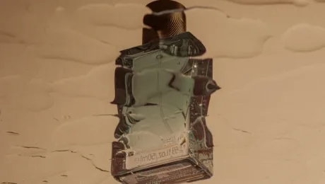 Yak obraty sviy nishevyy aromat hayd vid parfumernoho baru Upside-down teal plastic toy pieces arranged into a small sculpture on a glossy brown surface.
