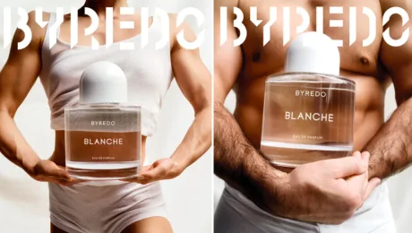 Uniseks-parfumeriya chomu tse ne neytralno, a universalno Split-screen of a muscular woman and a muscular man each holding a Byredo Blanche perfume bottle; label reads BYREDO BLANCHE EAU DE PARFUM.