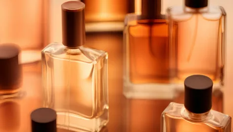 Yak vybraty aromat u podarunok hayd po kharakterakh Close-up of several glass perfume bottles with black caps in warm amber lighting, conveying a fragrance display.